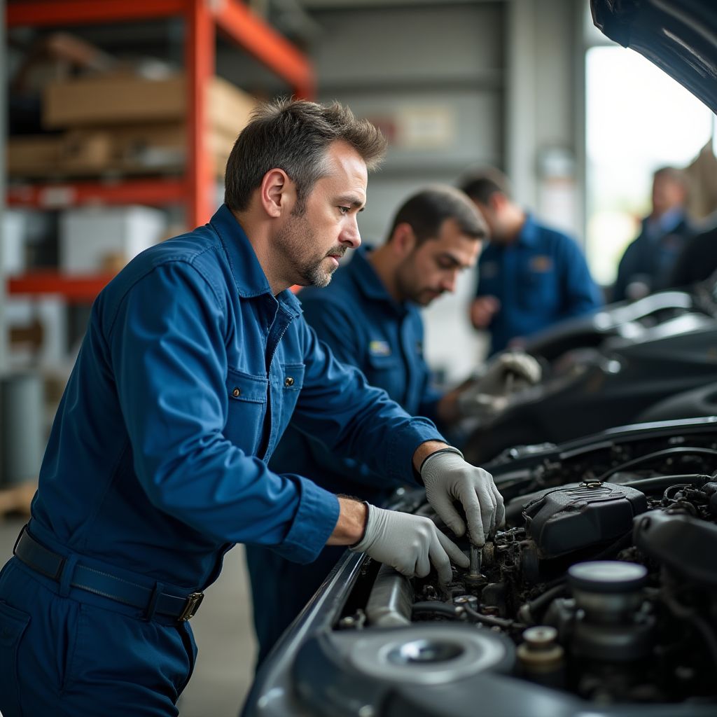 Equipo trabajando en un vehículo